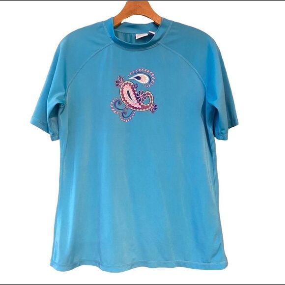 Kanu Surf Sz L Blue SwimSuit  Surfing Beach Paisley Short Sleeve RashGuard Top - Picture 1 of 10